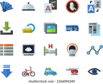 Color flat icon set scatter chart flat vector, news, hospital bed, ultrasound, helicopter, embryo, tomograph, car fector, bus, bicycle, flippers, jingle, gallery, menu, download, translate, eye