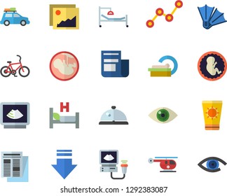 Color flat icon set scatter chart flat vector, news, hospital bed, ultrasound, helicopter, embryo, tomograph, car fector, bicycle, sun protection cream, flippers, jingle, gallery, download, eye