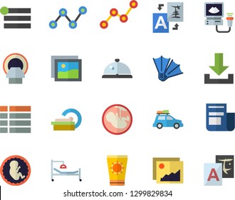 Color flat icon set scatter chart flat vector, news, hospital bed, ultrasound, embryo, tomograph, car fector, sun protection cream, flippers, jingle, gallery, menu, download, translate
