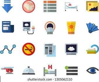 Color flat icon set scatter chart flat vector, news, hospital bed, ultrasound, helicopter, embryo, tomograph, sun protection cream fector, flippers, no smoking, jingle, gallery, menu, download, eye