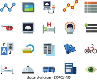 Color flat icon set scatter chart flat vector, news, hospital bed, ultrasound, helicopter, tomograph, bus fector, bicycle, flippers, jingle, gallery, menu, translate, eye