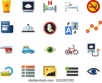 Color flat icon set scatter chart flat vector, news, hospital bed, ultrasound, helicopter, embryo, tomograph, car fector, bicycle, sun protection cream, no smoking, jingle, gallery, menu, translate