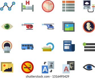 Color flat icon set scatter chart flat vector, news, hospital bed, ultrasound, helicopter, embryo, tomograph, bus fector, no smoking, gallery, menu, translate, eye