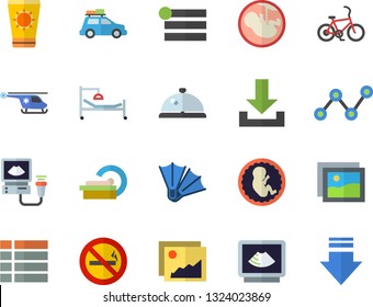 Color flat icon set scatter chart flat vector, hospital bed, ultrasound, helicopter, embryo, tomograph, car fector, bicycle, sun protection cream, flippers, no smoking, jingle, gallery, menu
