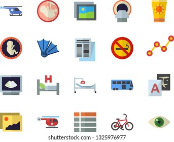 Color flat icon set scatter chart flat vector, news, hospital bed, ultrasound, helicopter, embryo, tomograph, bus fector, bicycle, sun protection cream, flippers, no smoking, gallery, menu, eye