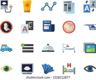 Color flat icon set scatter chart flat vector, news, hospital bed, ultrasound, helicopter, embryo, car fector, sun protection cream, flippers, jingle, gallery, menu, translate, eye