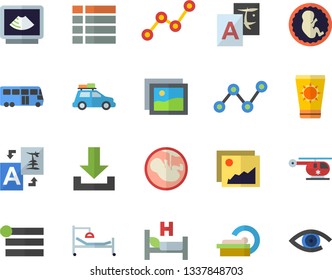 Color flat icon set scatter chart flat vector, hospital bed, ultrasound, helicopter, embryo, tomograph, car fector, bus, sun protection cream, gallery, menu, download, translate, eye