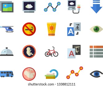 Color flat icon set scatter chart flat vector, ultrasound, helicopter, embryo, tomograph, bus fector, bicycle, sun protection cream, no smoking, jingle, gallery, menu, download, translate, eye