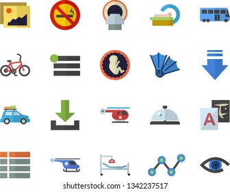 Color flat icon set scatter chart flat vector, hospital bed, helicopter, embryo, tomograph, car fector, bus, bicycle, flippers, no smoking, jingle, gallery, menu, download, translate, eye