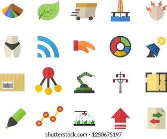 Color flat icon set color scheme flat vector, house layout, potholder, sprinkling machine, oil production platform, solar battery, tree leaf, power line support, robotics, hierarchy, marker, barcode