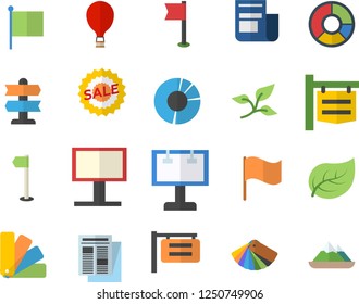 Color flat icon set color scheme flat vector, tree leaf, signboard, billboard, flag, news, sell out, clircle diagram, sports, balloon fector, pointer, mountains