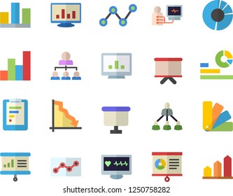 Color flat icon set color scheme flat vector, graphic report, crisis, statistics, scatter chart, flipchart, computer diagnostics of health, statistic, clircle diagram, point, hierarchy, achievement