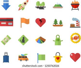 Color flat icon set color scheme flat vector, apron, barbecue, spaghetti, factory, forest, credit card, flag, sell out, rocket, luggage fector, transfer, pets allowed, mountains, download, heart