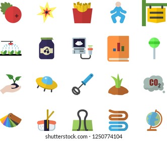 Color flat icon set color scheme flat vector, whisk, towel, lollipop, French fries, sashimi, jam, cranberry, sprinkling machine, seedlings, planting plants, carbon dioxide, signboard, ultrasound