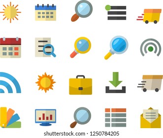 Color flat icon set color scheme flat vector, sun, case, magnifier, express delivery, computer chart, menu, broadcast, download, calendar, message