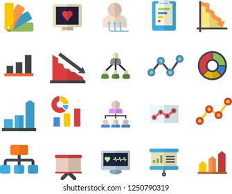 Color flat icon set color scheme flat vector, hierarchy, graphic report, crisis, chart, statistics, scatter, flipchart, computer diagnostics of health, clircle diagram, point, presentaition board