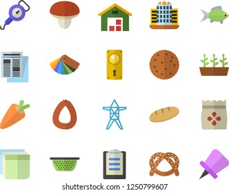 Color flat icon set color scheme flat vector, door lock, colander, spring balance, mushroom, carrot, biscuit, bagel, sausage, bread, fish, seeds, seedlings, power line support, news, warehouse