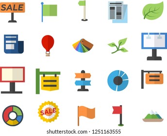 Color flat icon set color scheme flat vector, tree leaf, signboard, billboard, flag, news, sell out, clircle diagram, sports, balloon fector, pointer, mountains