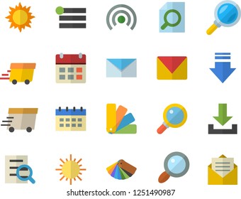 Color flat icon set color scheme flat vector, sun, magnifier, express delivery, mail, menu, broadcast, download, calendar, message