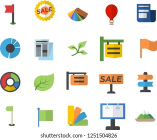 Color flat icon set color scheme flat vector, tree leaf, signboard, billboard, flag, news, sell out, clircle diagram, sports, balloon fector, pointer, mountains