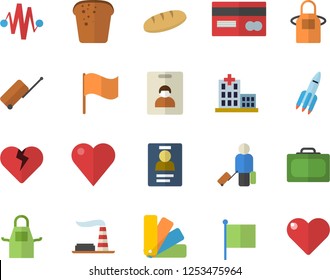 Color flat icon set color scheme flat vector, apron, bread, factory, credit card, flag, heart, hospital, badge, rocket, electric discharge fector, indentity, luggage, suitcase