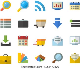 Color flat icon set color scheme flat vector, case, magnifier, express delivery, computer chart, menu, broadcast, download, calendar, message