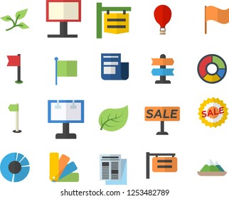 Color flat icon set color scheme flat vector, tree leaf, signboard, billboard, flag, news, sell out, clircle diagram, sports, balloon fector, pointer, mountains