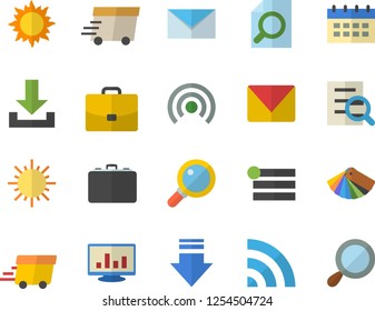 Color flat icon set color scheme flat vector, sun, case, express delivery, computer chart, magnifier, mail, menu, broadcast, download, calendar