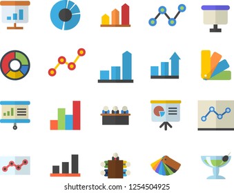 Color flat icon set color scheme flat vector, chart, scatter, flipchart, clircle diagram, point, meeting, presentaition board, achievement, cocktail fector