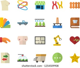 Color flat icon set color scheme flat vector, house layout, heating batteries, potholder, cookbook, pickup truck, sprinkling machine, oil production platform, express delivery, breast, chromosomes