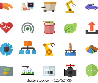 Color flat icon set color scheme flat vector, potholder, sprinkling machine, oil production platform, main pipeline, tree leaf, autopilot, robotics, hierarchy, express delivery, barcode, diagnostics