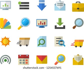 Color flat icon set color scheme flat vector, sun, case, magnifier, express delivery, computer chart, mail, menu, broadcast, download, calendar, message