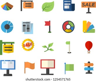 Color flat icon set color scheme flat vector, tree leaf, signboard, billboard, flag, news, sell out, clircle diagram, sports, balloon fector, pointer