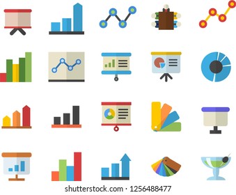 Color flat icon set color scheme flat vector, chart, scatter, flipchart, clircle diagram, point, meeting, presentaition board, achievement, cocktail fector