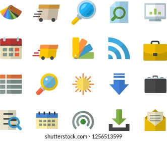 Color flat icon set color scheme flat vector, sun, case, magnifier, express delivery, computer chart, menu, broadcast, download, calendar, message