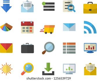 Color flat icon set color scheme flat vector, sun, case, express delivery, computer chart, magnifier, mail, menu, broadcast, download, calendar, message