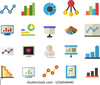Color flat icon set color scheme flat vector, hierarchy, graphic report, crisis, chart, statistics, scatter, flipchart, computer diagnostics of health, clircle diagram, point, presentaition board