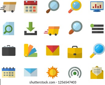 Color flat icon set color scheme flat vector, sun, case, magnifier, express delivery, computer chart, mail, menu, broadcast, download, calendar, message