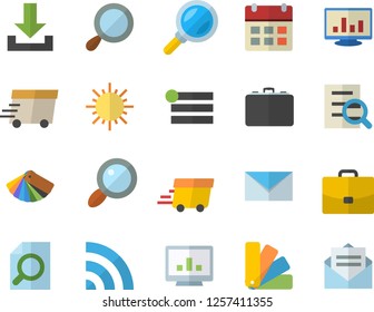 Color flat icon set color scheme flat vector, sun, case, magnifier, express delivery, computer chart, mail, menu, broadcast, download, calendar, message