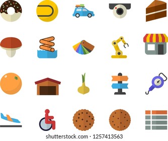 Color flat icon set color scheme flat vector, cake, spring balance, mushroom, onion, biscuit, donut, orange, store front, warehouse, disabled, industrial robot, tennis ball, car fector, arrival