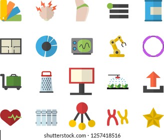 Color flat icon set color scheme flat vector, house layout, heating batteries, grater, sprinkling machine, billboard, hierarchy, chromosomes, clircle diagram, oscilloscope, brainstorm, heartbeat