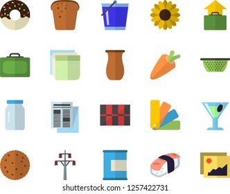 Color flat icon set color scheme flat vector, tile, colander, glass jar, jugful, carrot, biscuit, bread, donut, sashimi, cocktail, flower, bucketful, power line support, news, sticker, proteins