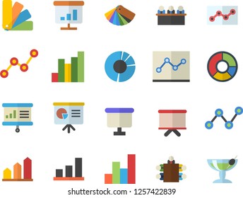 Color flat icon set color scheme flat vector, chart, scatter, flipchart, clircle diagram, point, meeting, presentaition board, achievement, cocktail fector