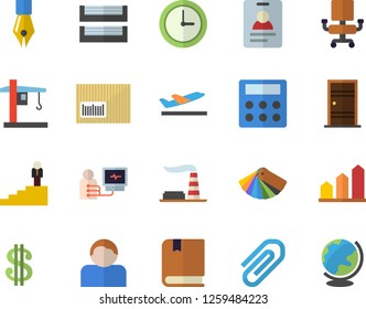 Color flat icon set color scheme flat vector, Entrance door, factory, crane, dollar, barcode, diagnostics, clip, calculator, ink pen, office chair, paper tray, career ladder, textbook, badge, user