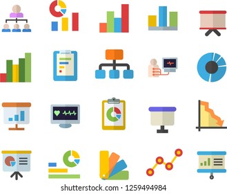 Color flat icon set color scheme flat vector, hierarchy, graphic report, crisis, chart, statistics, scatter, flipchart, computer diagnostics of health, statistic, clircle diagram