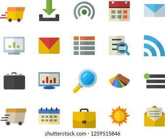 Color flat icon set color scheme flat vector, sun, case, magnifier, express delivery, computer chart, mail, menu, broadcast, download, calendar, message