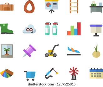 Color flat icon set color scheme flat vector, sausage, onion, windmill, ladder, gumboots, lawn mower, carbon dioxide, welding, grocery trolley, flipchart, ampoule, drawing pin, office worker, chart