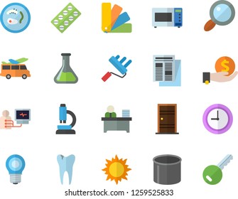 Color flat icon set color scheme flat vector, paint roller, Entrance door, microwave, sun, chemistry, lamp, pipe production, magnifier, investments, news, pill packaging, diagnostics, caries, clock