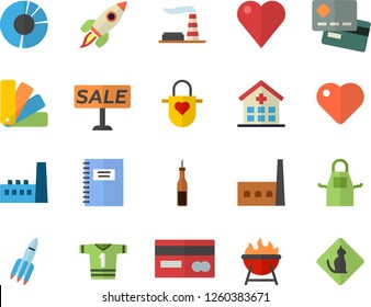 Color flat icon set color scheme flat vector, apron, barbecue, sauce, factory, manufactory, credit card, sell out, heart, hospital, clircle diagram, rocket, notebook, sport T shirt