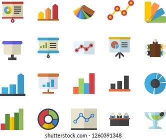 Color flat icon set color scheme flat vector, chart, scatter, flipchart, clircle diagram, point, meeting, presentaition board, achievement, cocktail fector